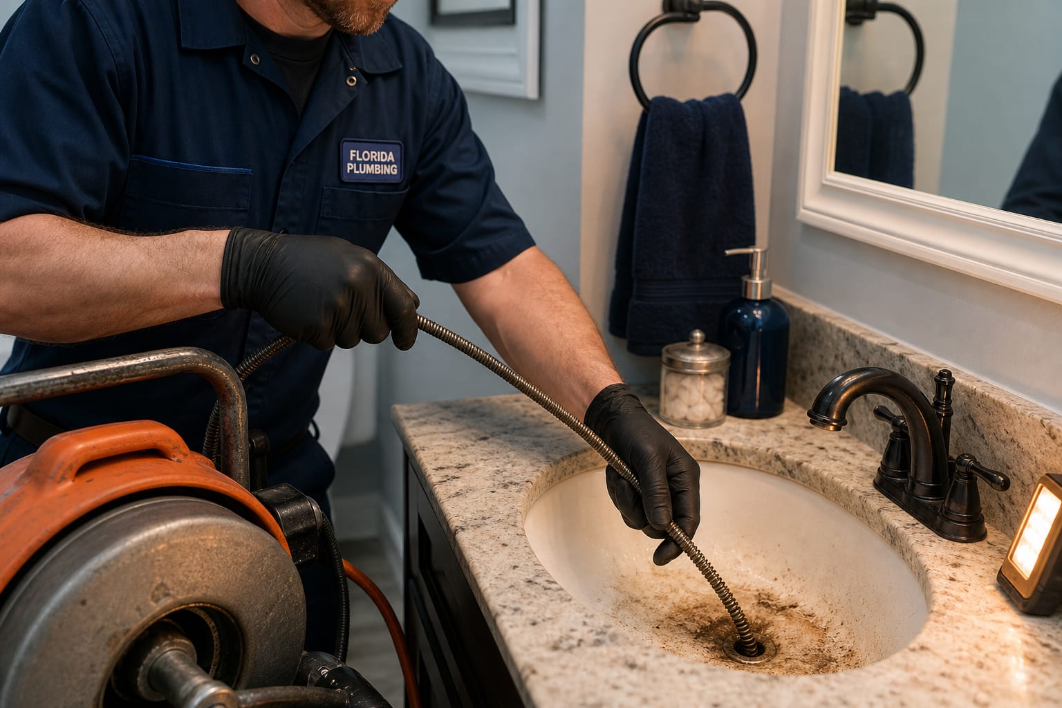 Plumber clearing a clogged sink drain with a steel auger
