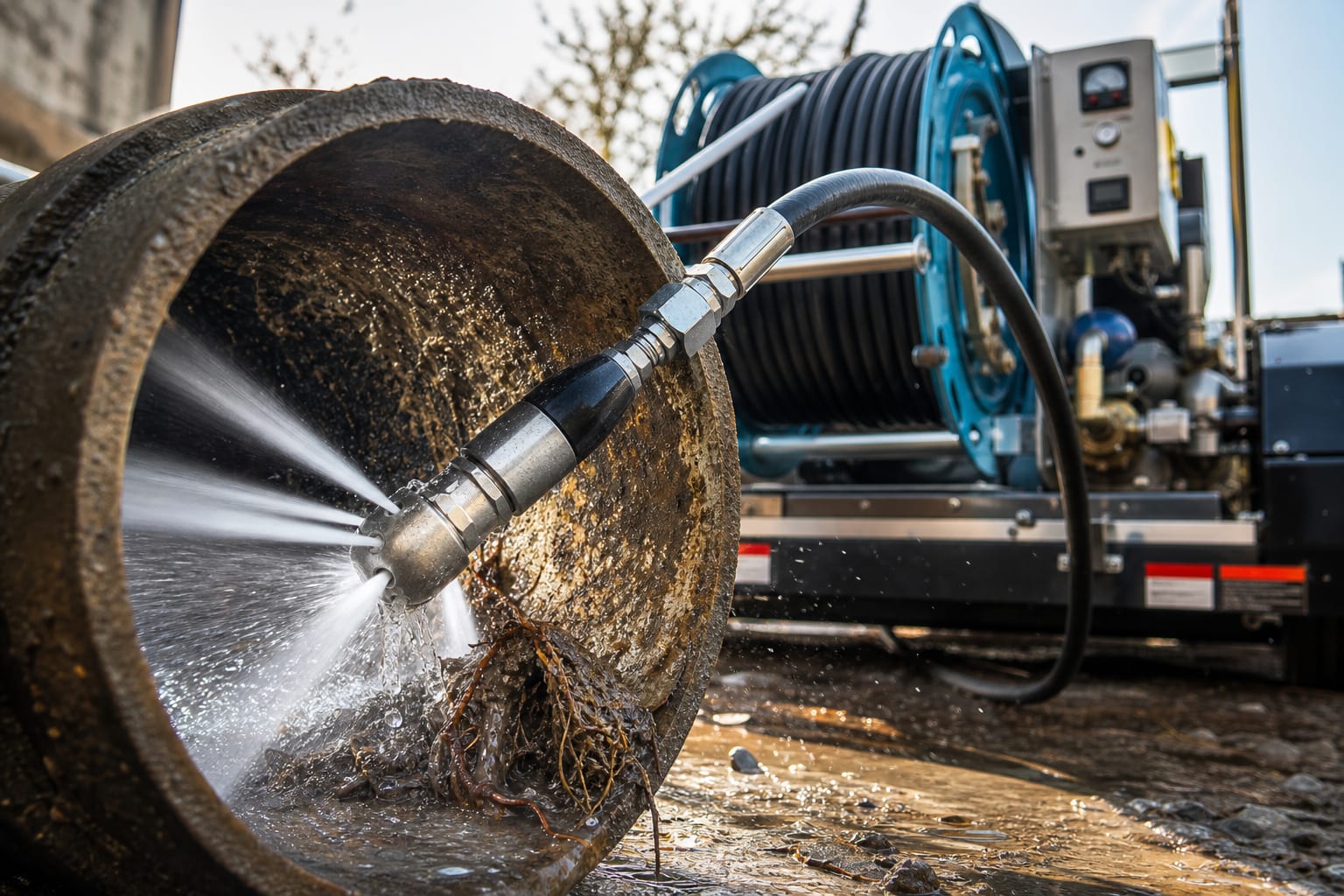 Hydro jetting nozzle clearing a sewer line with high-pressure water