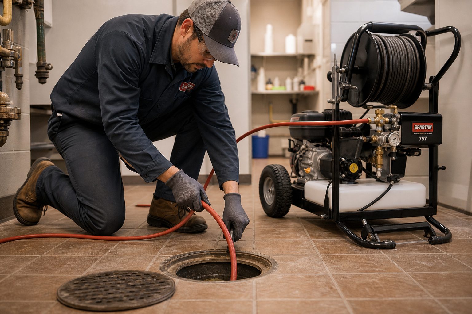 Hydro-jetting a clogged drain line to restore full flow