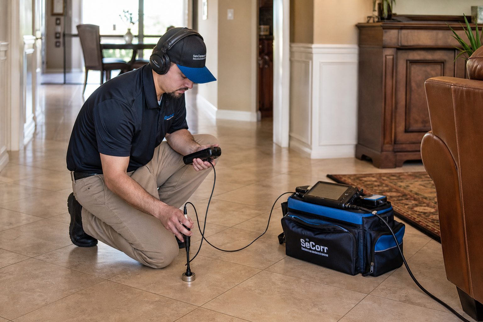 Acoustic leak detection on a slab floor