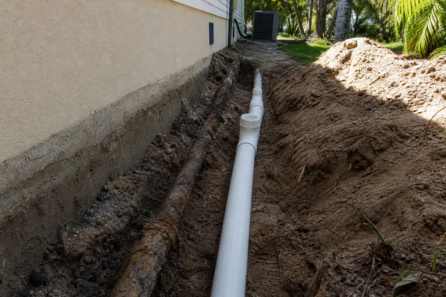 Cast iron to PVC pipe replacement in progress