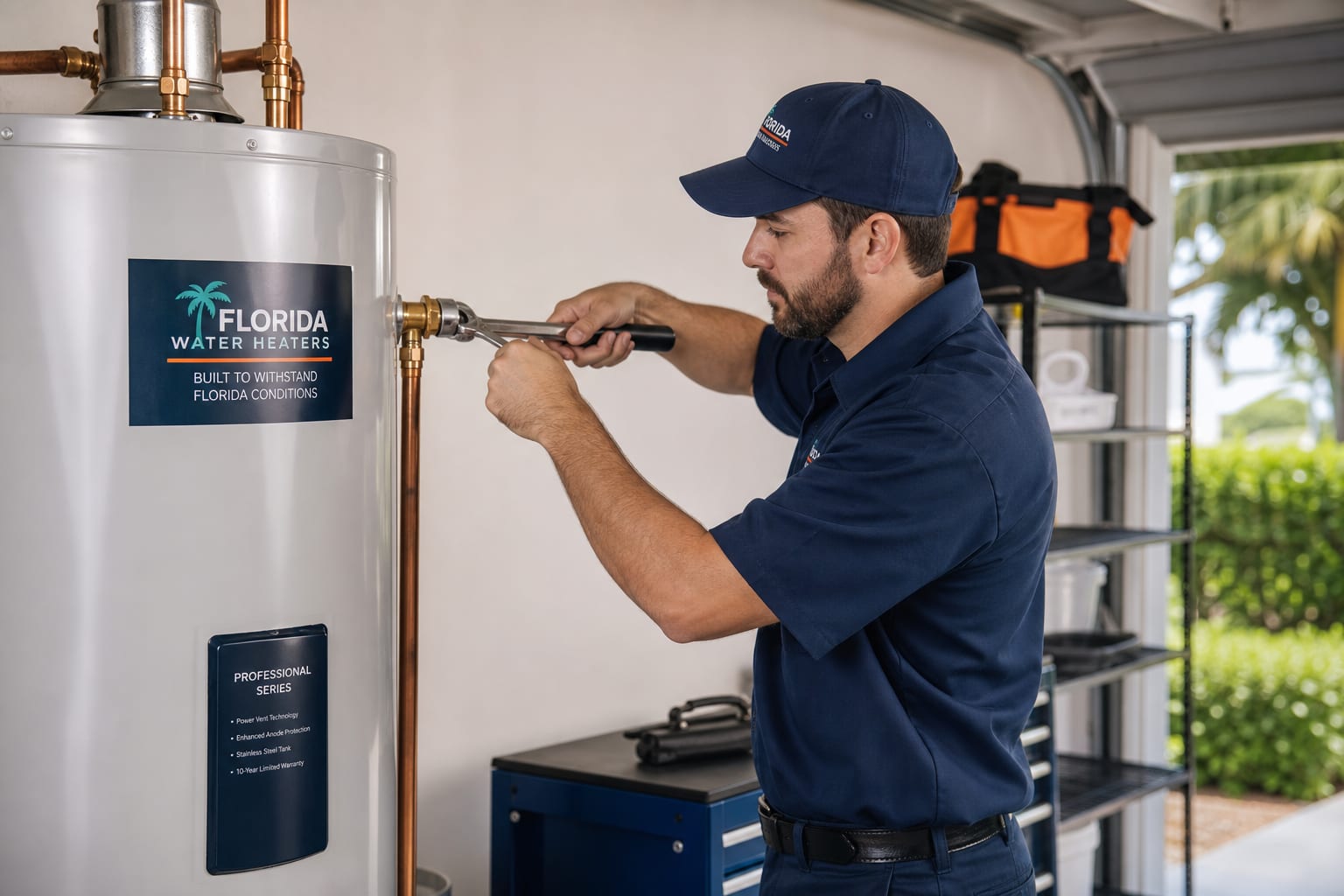 Plumber installing a new water heater with copper connections