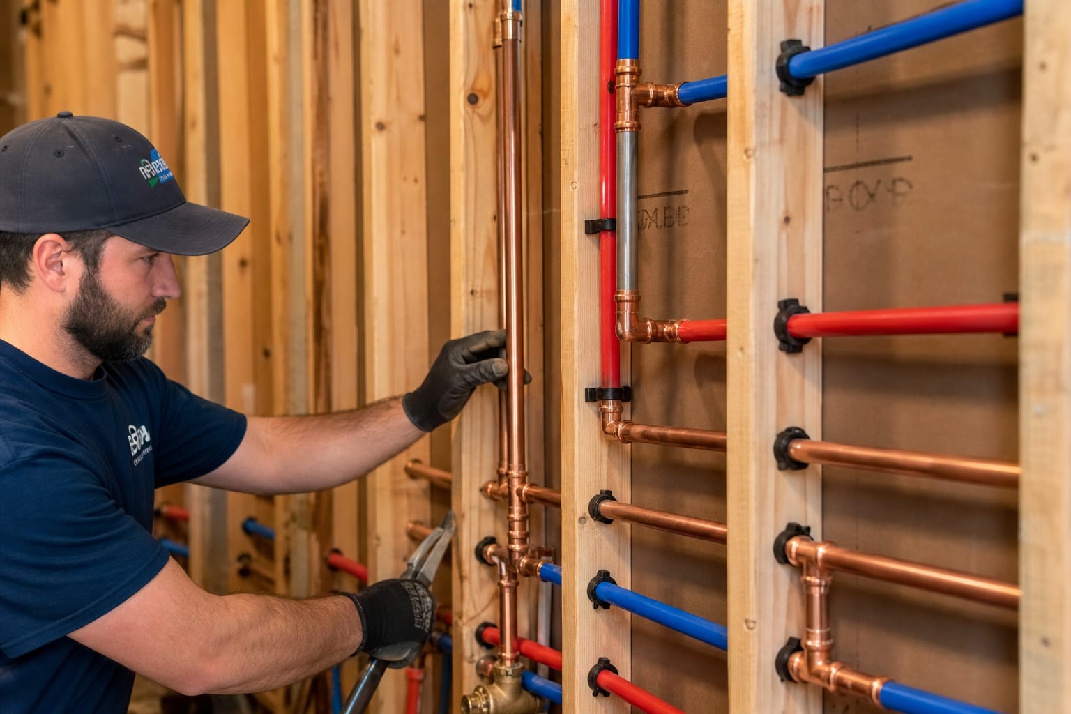 New copper and PEX pipes installed during a whole-home repipe
